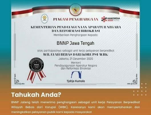 BNNP Jateng raih predikat Wilayah Bebas Korupsi (WBK)
