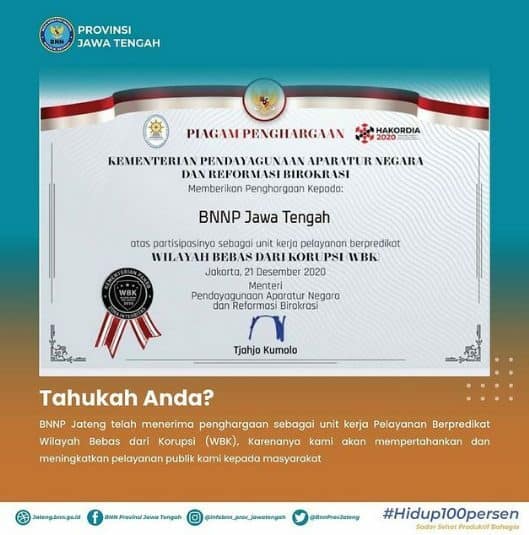 BNNP Jateng raih predikat Wilayah Bebas Korupsi (WBK) BNNP Jateng raih predikat Wilayah Bebas Korupsi (WBK)