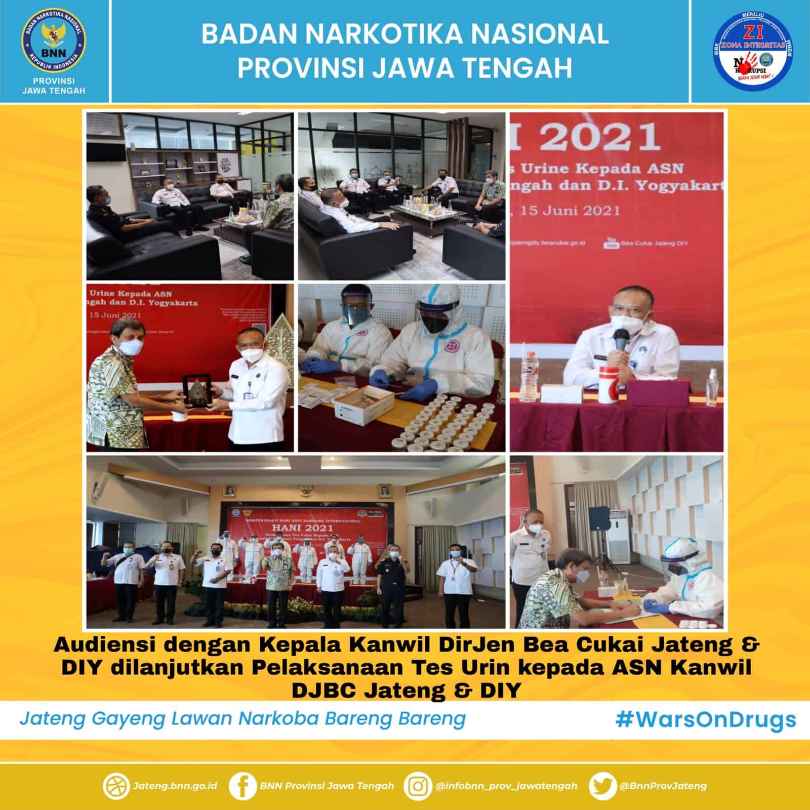Audiensi Kepala BNNP Jawa Tengah dengan Dirjen Bea Cukai dilanjutkan dengan Tes Urin kepada ASN Kanwil Dirjen Bea Cukai Jateng dan D.I. Yogyakarta Audiensi Kepala BNNP Jawa Tengah dengan Dirjen Bea Cukai dilanjutkan dengan Tes Urin kepada ASN Kanwil Dirjen Bea Cukai Jateng dan D.I. Yogyakarta